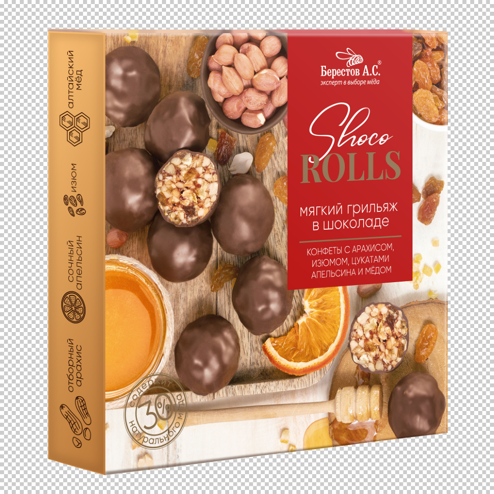  Берестов Shoco Rolls конфеты с арахисом, изюмом, цукатами апельсина и медом,  135г в Северске