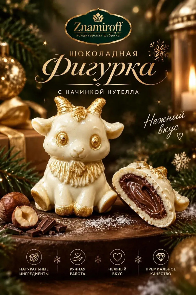  Шоколад фигурный "Мультяшный козлик" белый шоколад с начинкой нутелла(блок 5шт по 70г) в Северске